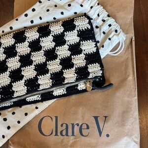 Clare V. Foldover Clutch W/Tabs Black & Cream Crochet Checker